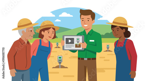 Agricultural officer presents an informative video on a tablet to three attentive farmers standing in a field with soil sensors visible in the dirt.