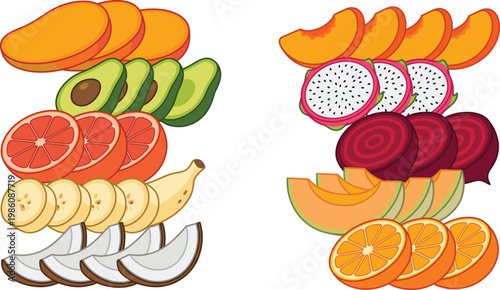 Fresh Fruit Slices Vector Collection with Colorful Arrangements of Mango, Avocado, Orange, Banana, Coconut, Dragon Fruit, and Melon for Healthy Food Design