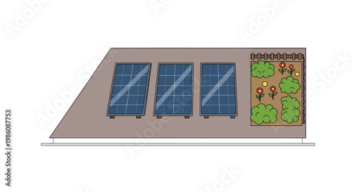 Solar panels on roof with garden, eco friendly home, renewable energy