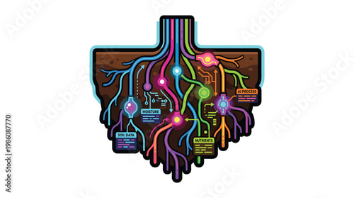 Glowing, multi-colored digital roots extend into dark soil while connecting to floating data nodes that track moisture, nutrients, and vital soil data.