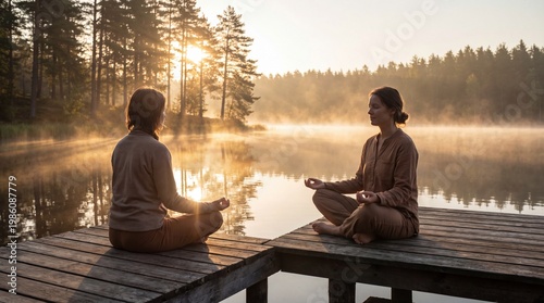 Meditation at Sunrise by Calm Lake Mindfulness Yoga Lotus Pose Peaceful Wellness Concept 4K