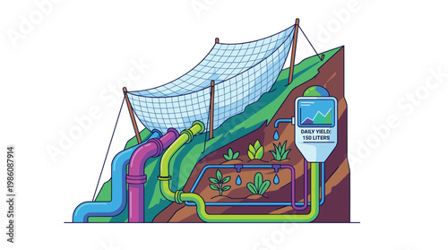 Large mesh fog net captures atmospheric moisture on a steep hillside to feed a smart irrigation system through vibrant, interconnected colored water pipes.