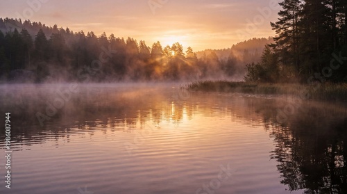 Calm Lake Sunrise with Morning Mist Peaceful Nature Landscape Reflection 4K