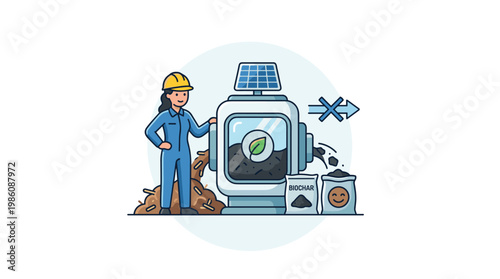 Skilled female technician wearing a yellow hard hat operates a solar-powered biochar production machine in a clean and bright industrial environment.