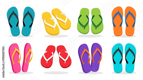 Colorful flip flops set isolated on white background. Flat vector illustration of summer footwear.