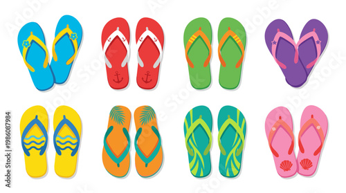 Colorful flip flops set isolated on white background. Flat vector illustration of summer footwear.