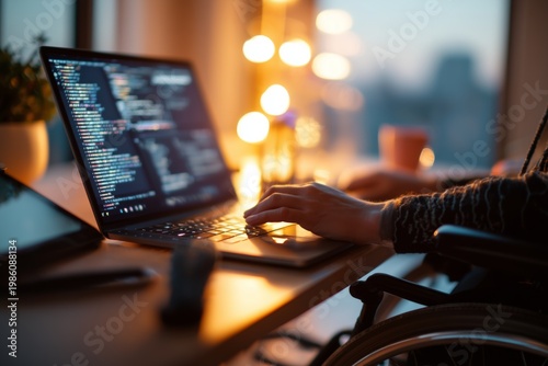 Over shoulder view of person in wheelchair working on laptop at home - Authentic remote work and accessible digital lifestyle concept