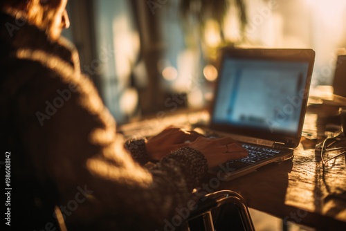 Over shoulder view of person in wheelchair working on laptop at home - Authentic remote work and accessible digital lifestyle concept