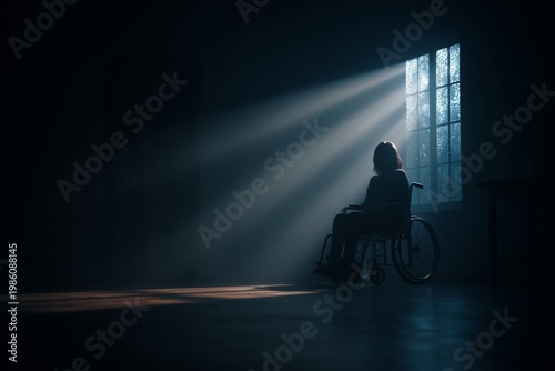 Professional woman in wheelchair working on laptop at modern desk with natural light in inclusive workplace