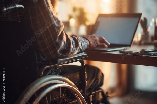 Over shoulder view of person in wheelchair working on laptop at home - Authentic remote work and accessible digital lifestyle concept