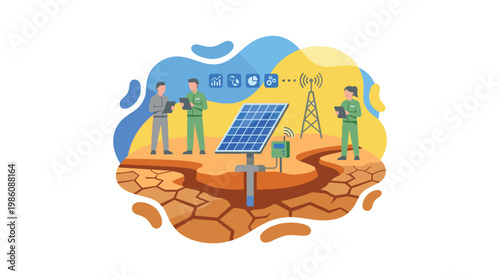 Three farmers observe a solar-powered water pumping station situated on cracked, arid earth to manage irrigation resources through advanced mobile tablets.
