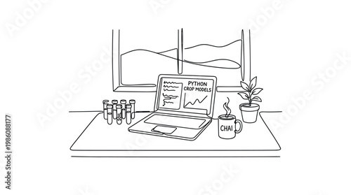 A minimalist black line drawing of a laptop displaying complex Python crop models sits beside glass soil test tubes and a steaming cup of warm chai.