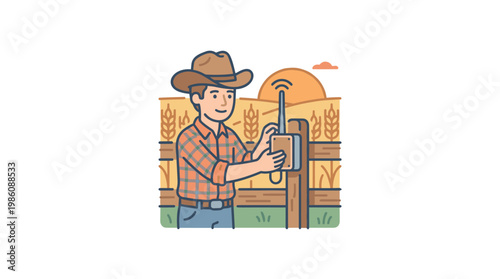 Professional farmer wearing a rustic cowboy hat installs a wireless sensor box on a wooden fence post within a golden wheat field at sunset light.