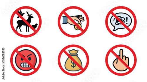 Collection of prohibition signs with icons representing forbidden actions like hunting, gambling, arguing, anger