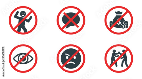 Collection of six prohibition signs indicating no fighting, no anger, no money, no speech, no spying, and no violence