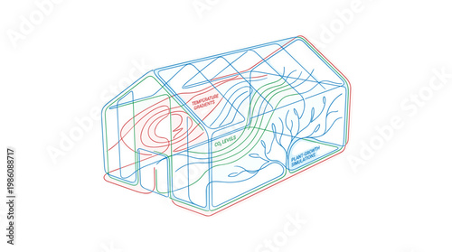 A 3D wireframe greenhouse illustration displays internal temperature gradients, CO2 levels, and intricate plant growth simulations in a clean digital style.