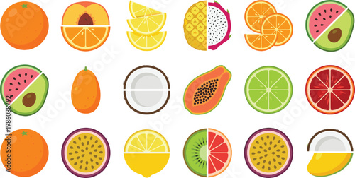 Tropical and Citrus Fruit Vector Icon Set with Whole and Sliced Illustrations Including Orange, Lemon, Lime, Papaya, Coconut, Dragon Fruit, and Watermelon