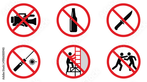 Collection of six prohibition signs indicating forbidden activities like filming, alcohol, weapons, and fighting