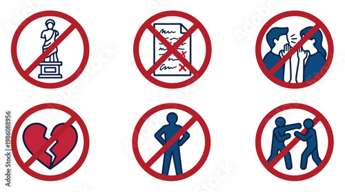 Collection of six prohibition signs illustrating forbidden actions and concepts like relationships, conflict