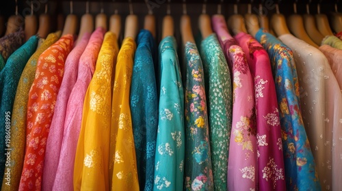 Colorful clorhes on racks in a fashion boutique