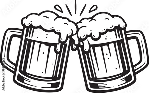 Black and white hand drawn illustration of two foaming beer mugs making a toast together.