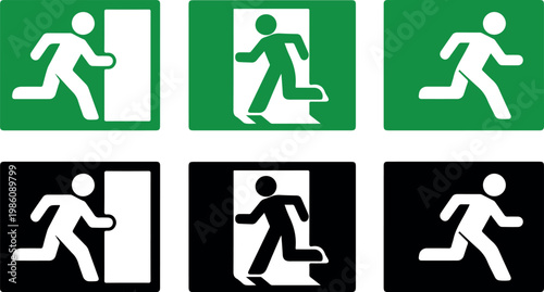 Set of emergency exit sign icons featuring a running person symbol in green and black