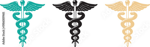 Three caduceus medical symbols in different colors isolated on a white background.
