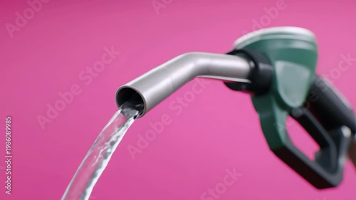 Slow motion close up of fuel pump nozzle pouring clear liquid against pink background in studio