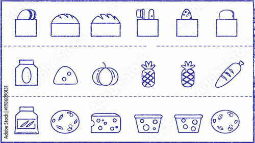 Hand drawn illustrations of food items and paper bags in blue lines