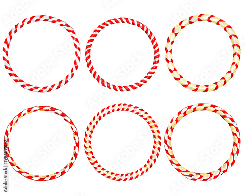 Six colorful hula hoops arranged against a stark black background