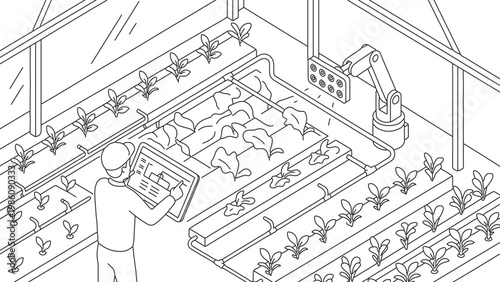 Isometric line art of smart greenhouse with robot arm and farmer tablet control.