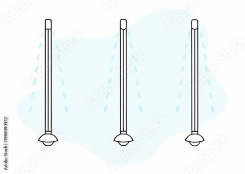 Three streetlights with raindrops falling in a simple illustrative style