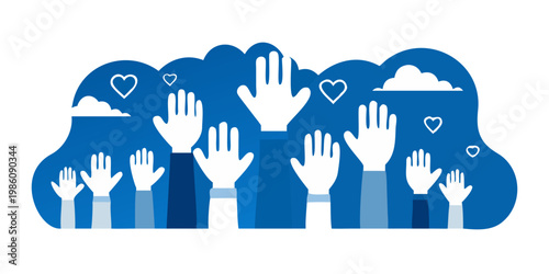 Diverse hands reaching up toward hearts and clouds symbolizing hope