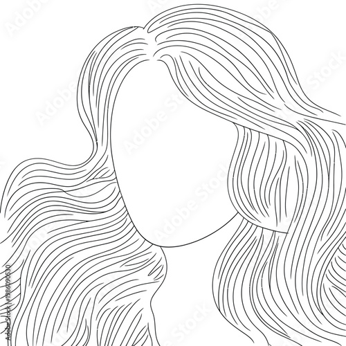 Line art illustration of a woman with long flowing wavy hair