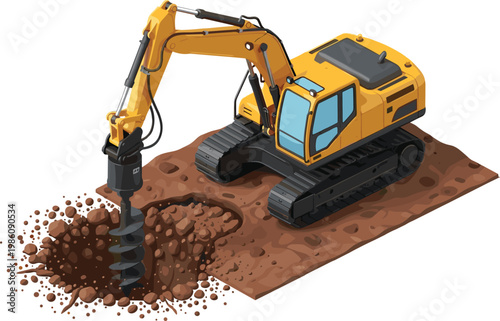 Heavy duty excavator drilling machine digging deep hole in construction site, industrial earth auger equipment working on soil for foundation engineering and groundwork operations