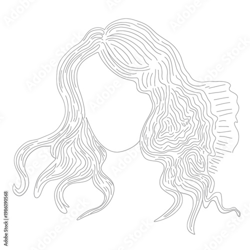 Line art illustration of long wavy hair framing a faceless form