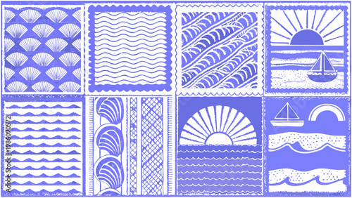 Blue and white patterned squares depicting waves shells and nautical themes