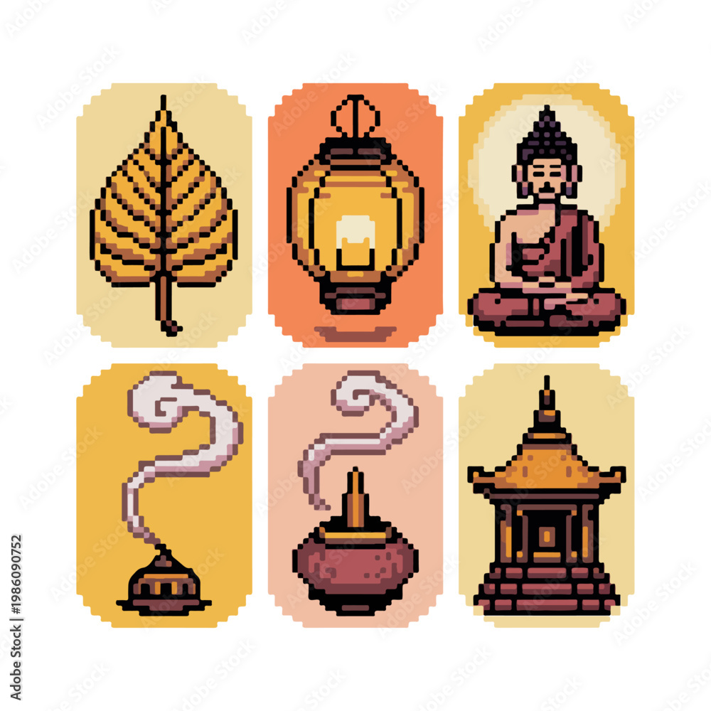 Naklejka premium Buddha Day Pixel Art Icons – 8-bit Retro Style, Lotus, Lantern, Meditation Symbols 