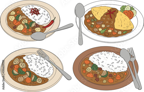 Japanese Curry Rice Plate Set with Vegetable and Omelette Variations Served with Rice and Garnishes for Traditional Food Menu and Restaurant Design Collection