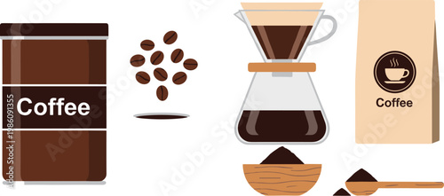 Coffee Brewing Set Illustration with Beans Jar Drip Filter Equipment and Ground Coffee Scoop for Cafe Beverage Preparation and Barista Design Collection