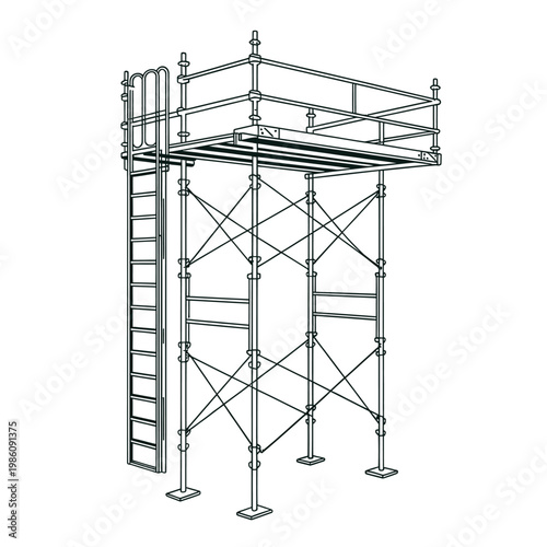 Blueprint of a metal scaffolding structure with a ladder attachment