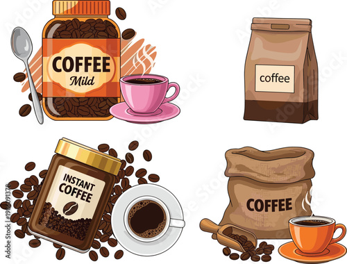 Coffee Product Set Illustration with Instant Coffee Jar Beans Cup and Packaging Bags for Cafe Beverage Branding and Coffee Shop Design Collection