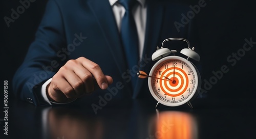 Businessman pointing at alarm clock with target, symbolizing time management and business goals.