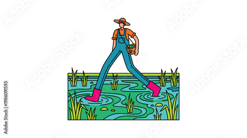 Diligent farmer wearing tall pink rubber boots walks through a flooded agricultural field featuring swirling water patterns and lush vibrant green vegetation.