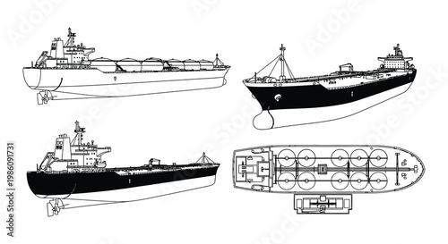 Four black and white illustrations of various oil tankers at sea
