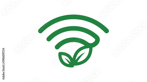 The minimalist green icon merges a standard wireless signal arc pattern with two delicate organic leaves to highlight sustainable digital connectivity solutions.