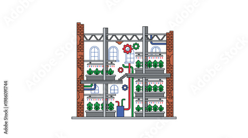 A detailed multi-level vertical farm structure features automated irrigation systems and lush green vegetation housed within a rustic brick industrial building.