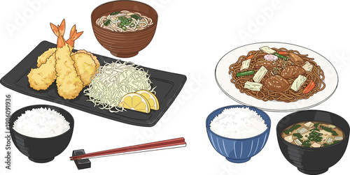 Japanese Food Meal Set with Tempura Rice Miso Soup and Stir Fried Noodles Illustration for Traditional Cuisine Restaurant Menu and Food Design Collection