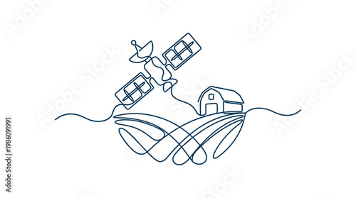 A sleek single continuous blue line drawing illustrates a satellite orbiting above a rustic farm barn and agricultural field with a minimalist aesthetic.