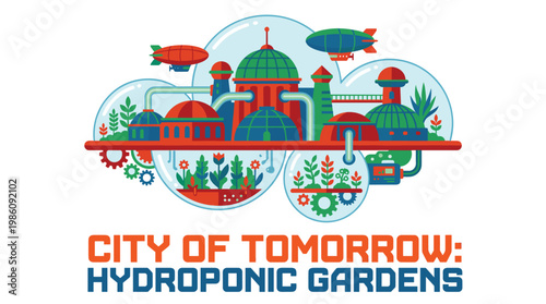 A retro-futurist floating city with intricate glass domes and mechanical gears thrives in a vibrant environment with bold red and green color palettes.